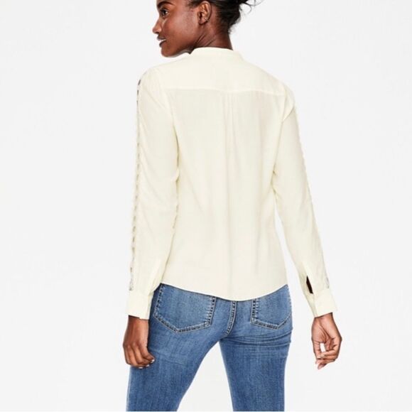 Boden 4P Ivory Yoke Collar Button Front Lace Eyelet Inset Long Sleeve Blouse - Picture 2 of 16